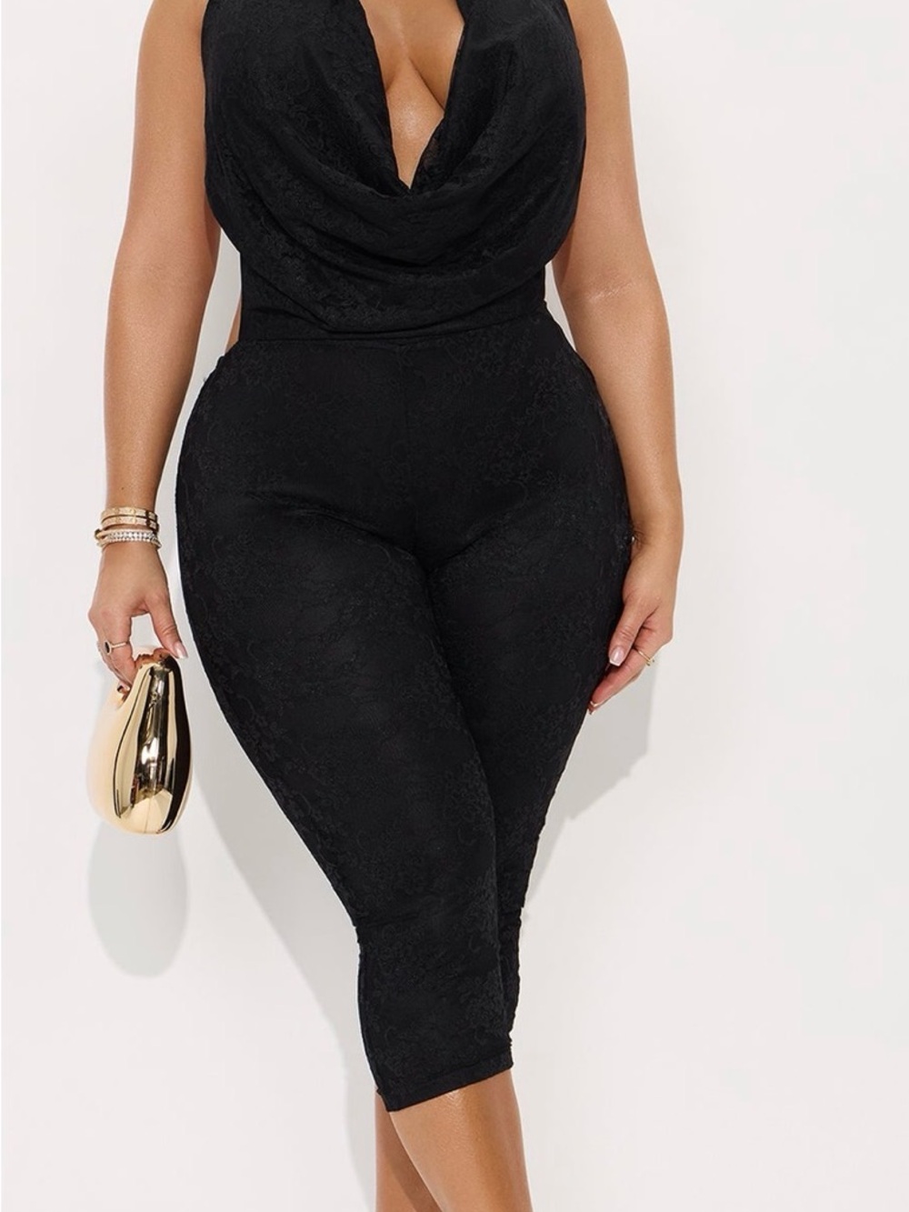 Fashion Nova Black Lace Cowl Neck Capri Jumpsuit